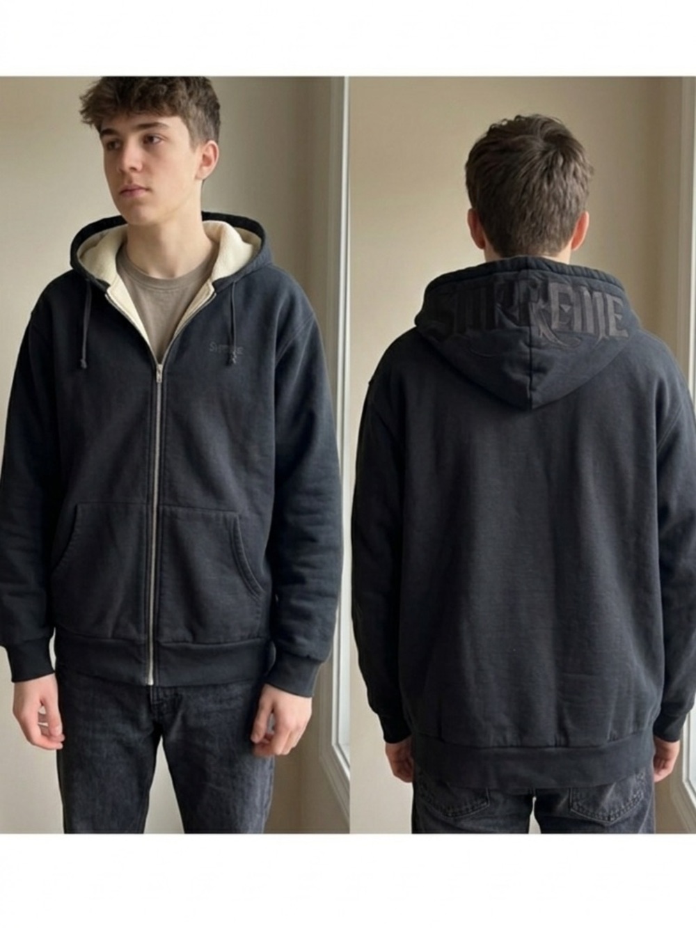 Supreme Leather Applique Zip Up Hooded Sweatshirt